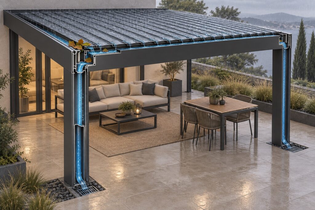 Ilustración del recorrido del agua por las lamas, canalones y pilares de una pérgola bioclimática.