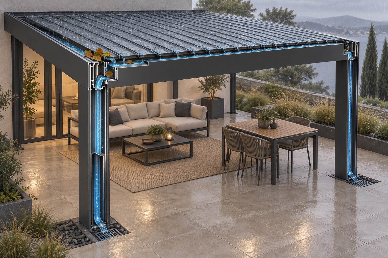 Ilustración del recorrido del agua por las lamas, canalones y pilares de una pérgola bioclimática.