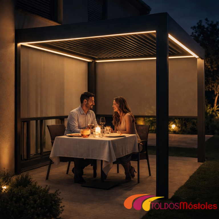 Imagen de inspiración de una pérgola bioclimática con iluminación LED y toldos laterales de noche