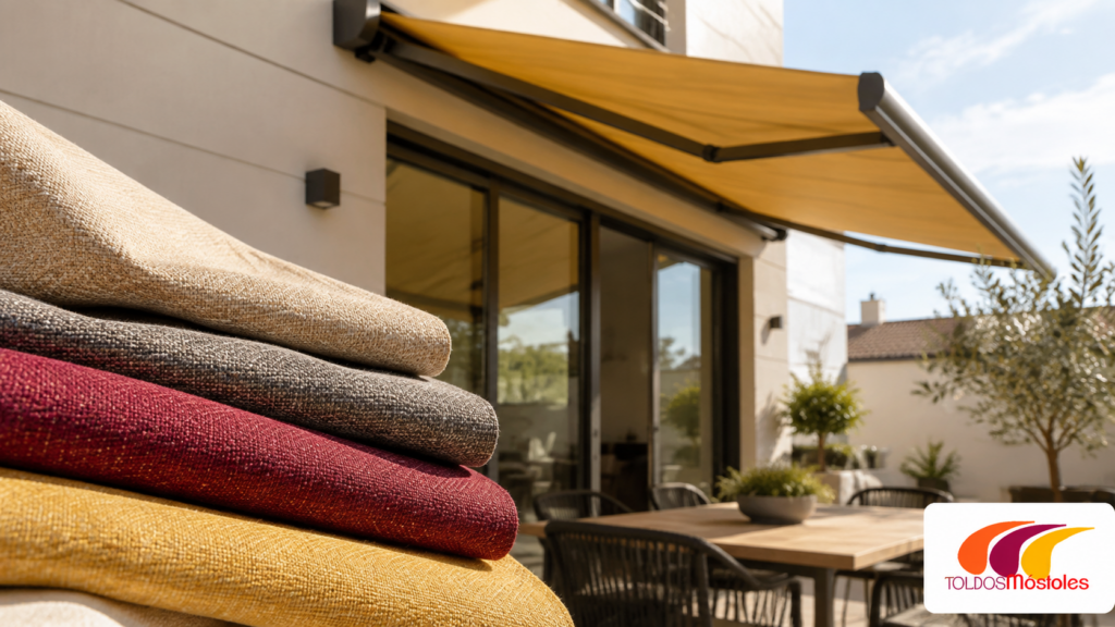 Muestras de tejidos acrílicos para toldos junto a un toldo extensible