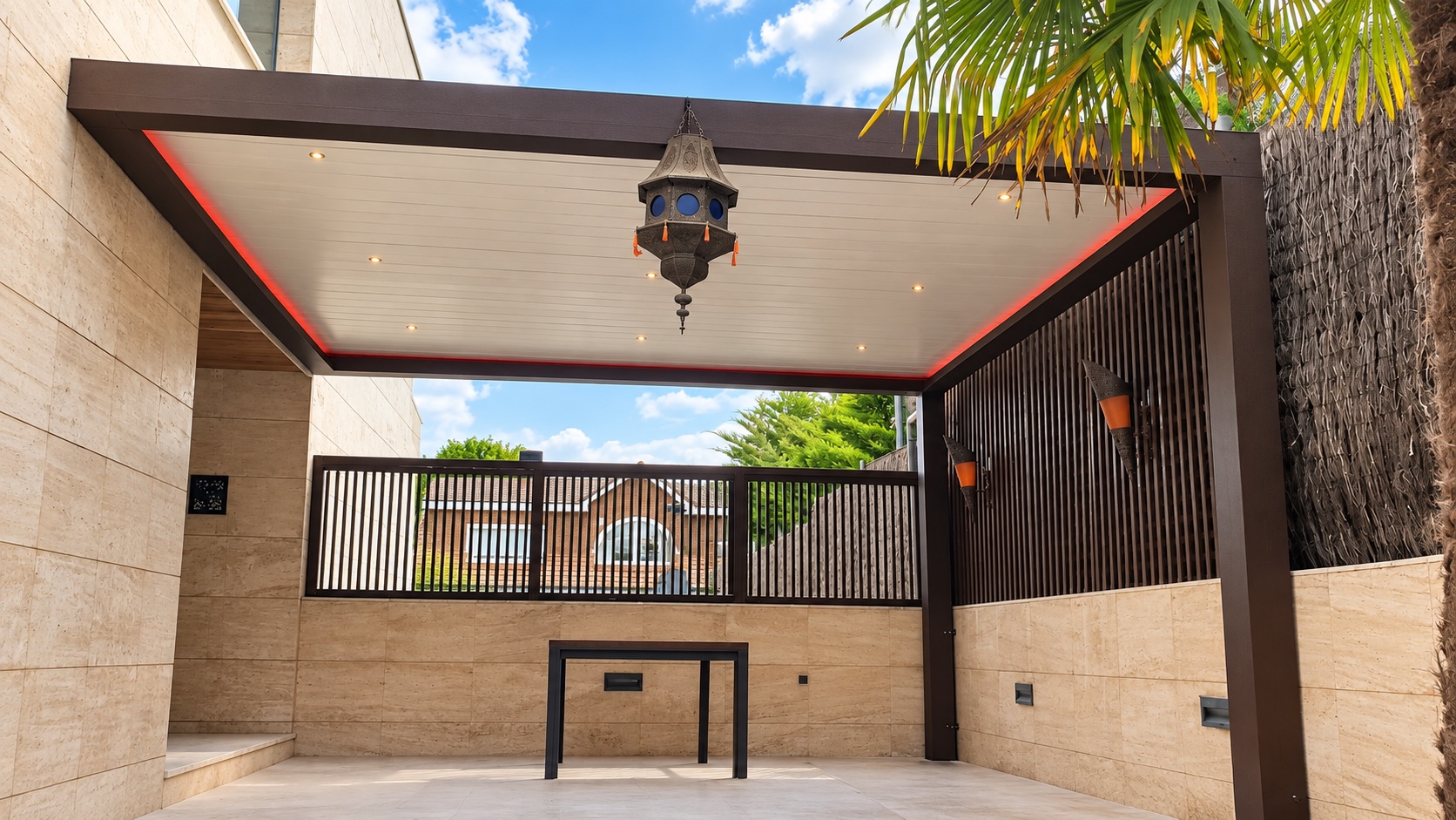 Pérgola bioclimática con estructura RAL 8014 y lamas blancas instalada en Pozuelo de Alarcón
