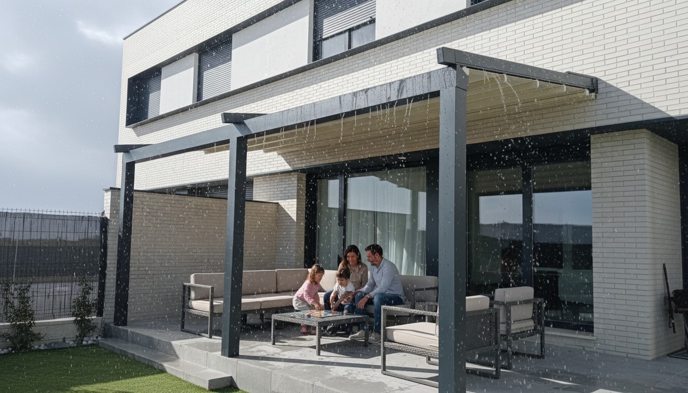 Pérgola tensada de lona adosada a una vivienda durante la lluvia