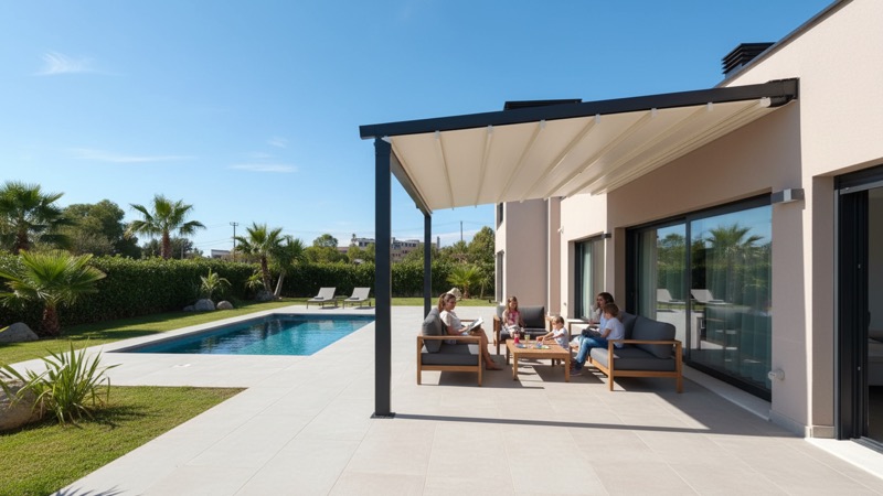 Pérgola de lona tensada instalada en un espacio exterior