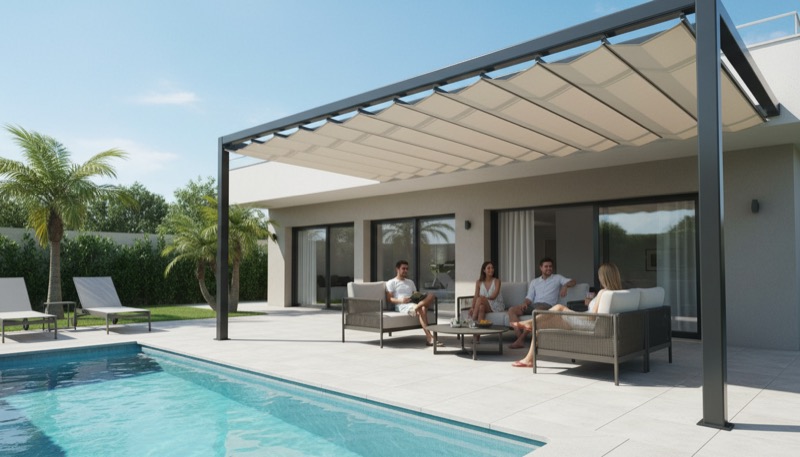 Pérgola de aluminio instalada en un jardín