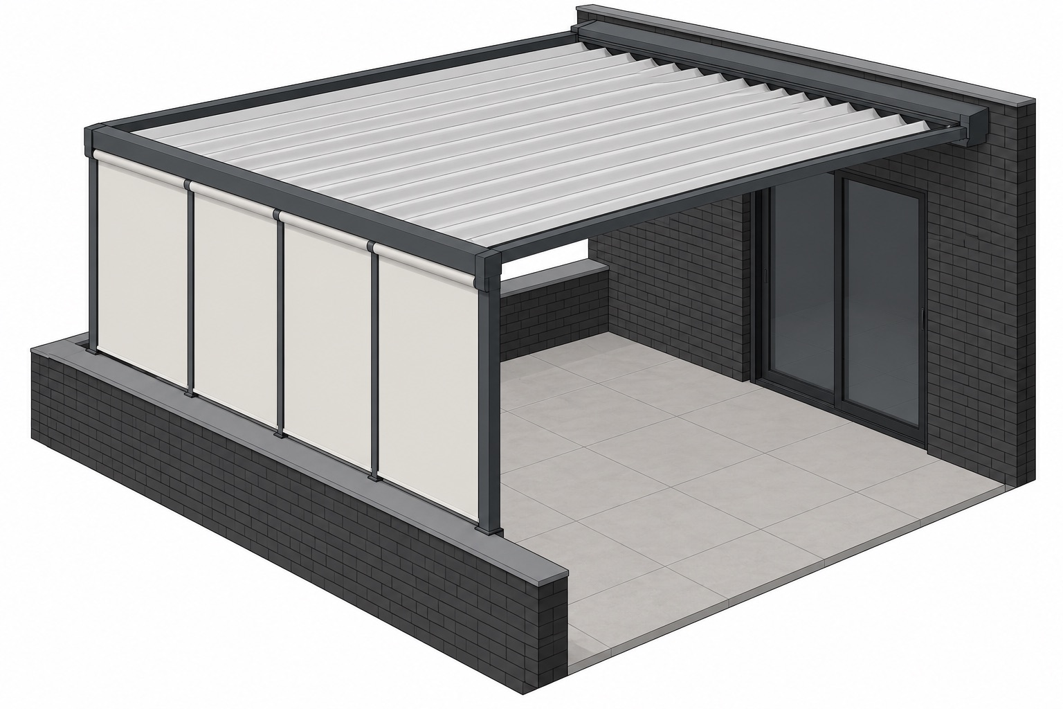 Recreación explicativa de pérgola de lona plegable y toldos verticales Igloo en un ático