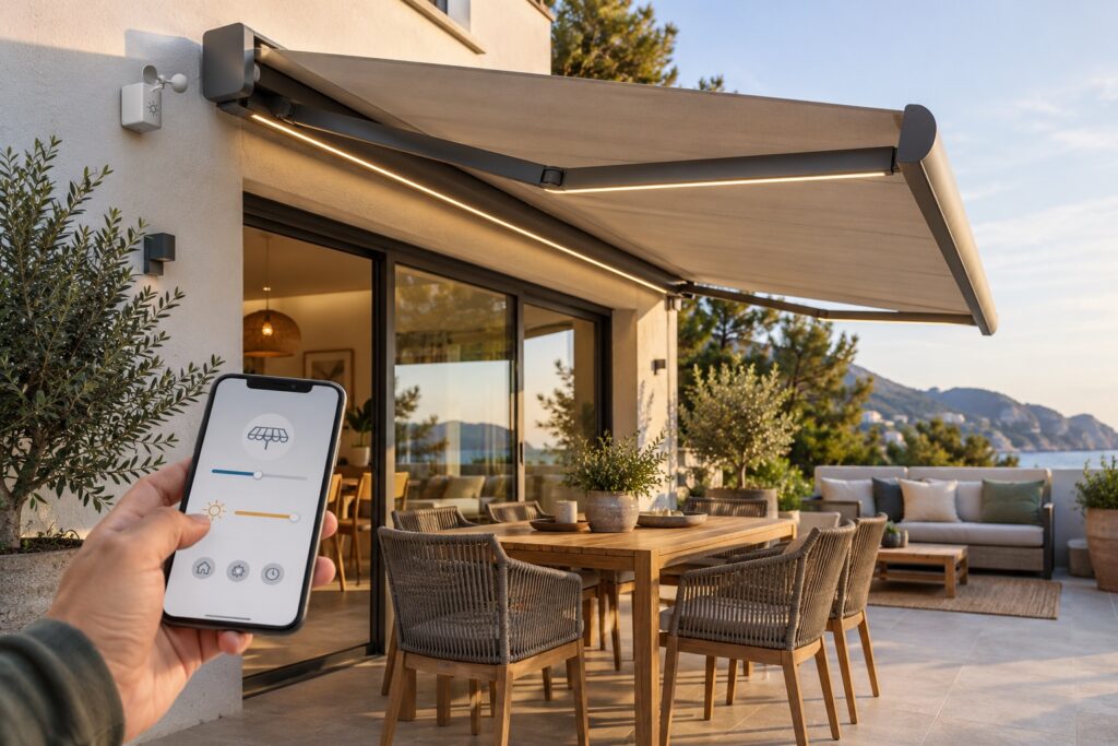 Toldo motorizado con sensor, iluminación LED y control desde un teléfono móvil.