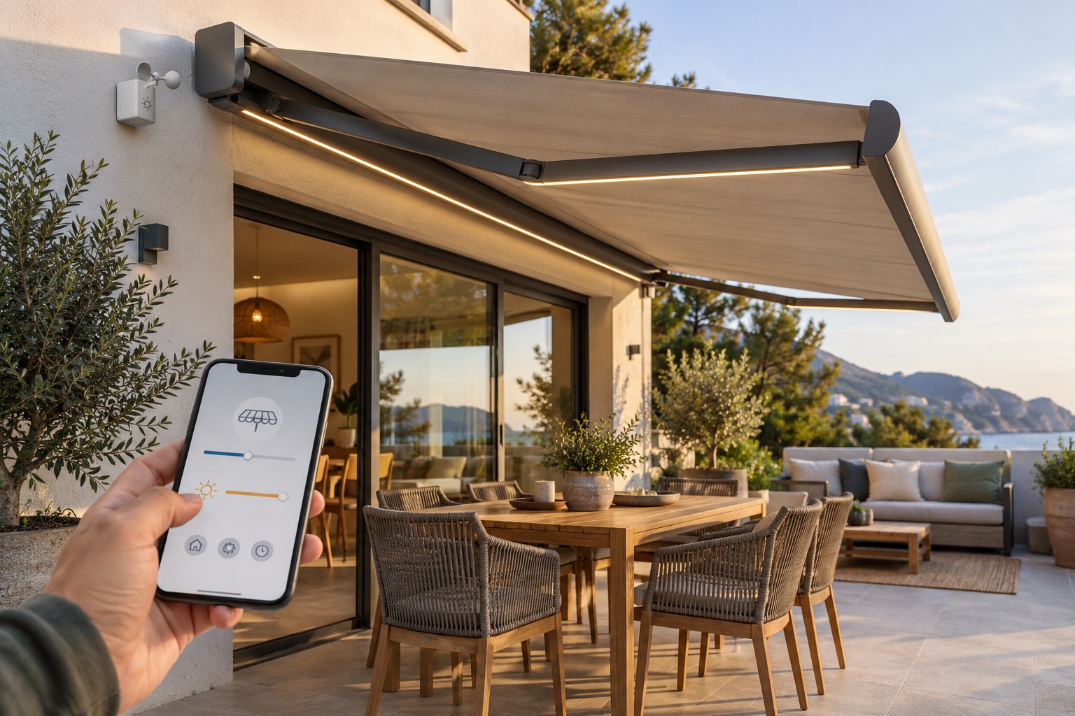 Toldo motorizado con sensor, iluminación LED y control desde un teléfono móvil.